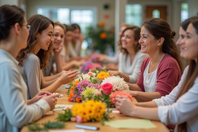 A cheerful group of people attentively attending a flower arranging workshop, surrounded by flowers and tools