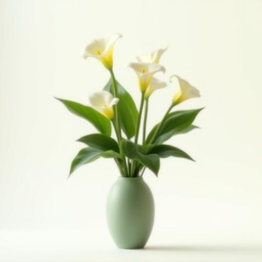 A modern, structural floral arrangement for a corporate setting with calla lilies and architectural leaves