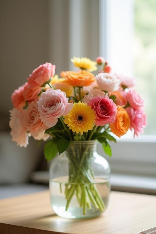 A casual, beautiful flower arrangement in a simple glass vase, perfect for home decor