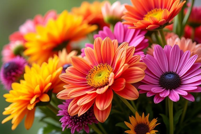A colourful mix of freshly picked seasonal flowers displayed together