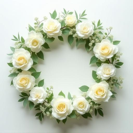 A circular sympathy wreath composed of soft white flowers and delicate green foliage