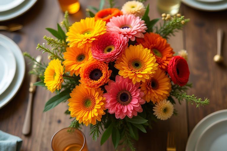 A vibrant centerpiece with mixed seasonal flowers in shades of orange, pink, and yellow on a rustic dining table