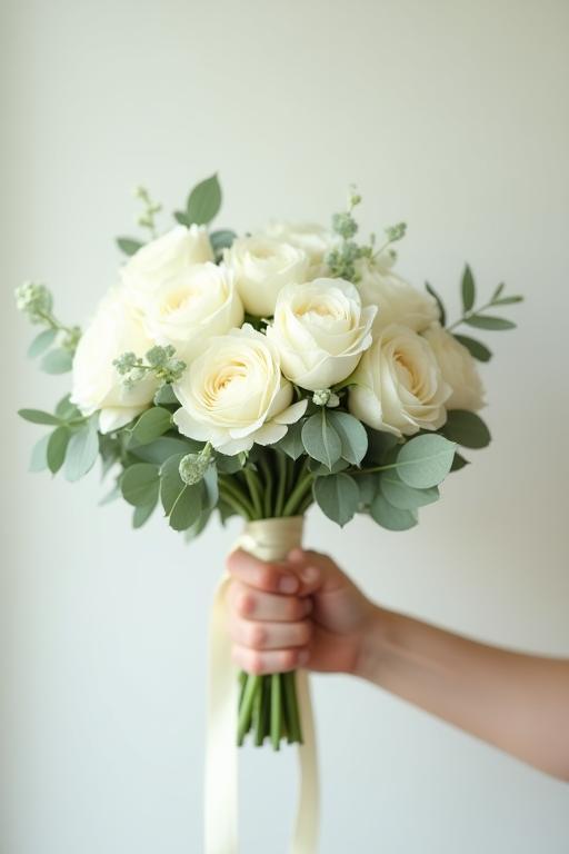 An elegant white and green wedding bouquet featuring roses, peonies, and eucalyptus