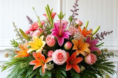 Colorful mixed floral arrangement featuring roses, lilies, and greenery