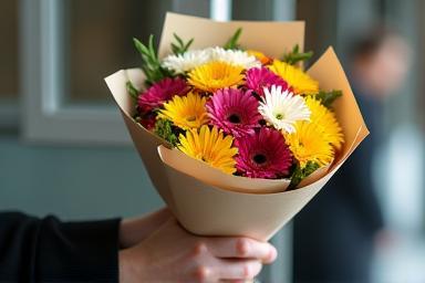 A hand holding a beautifully wrapped bouquet ready for delivery