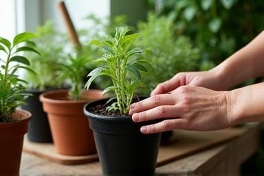 A person gently tending to a collection of potted plants, illustrating plant care