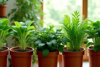 Assortment of healthy potted green plants in terracotta pots