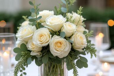 Elegant floral centerpiece with white roses and eucalyptus on a wedding table setting